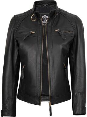 Women’s Black Golden Leather Cafe Racer Motorcycle Biker Jacket